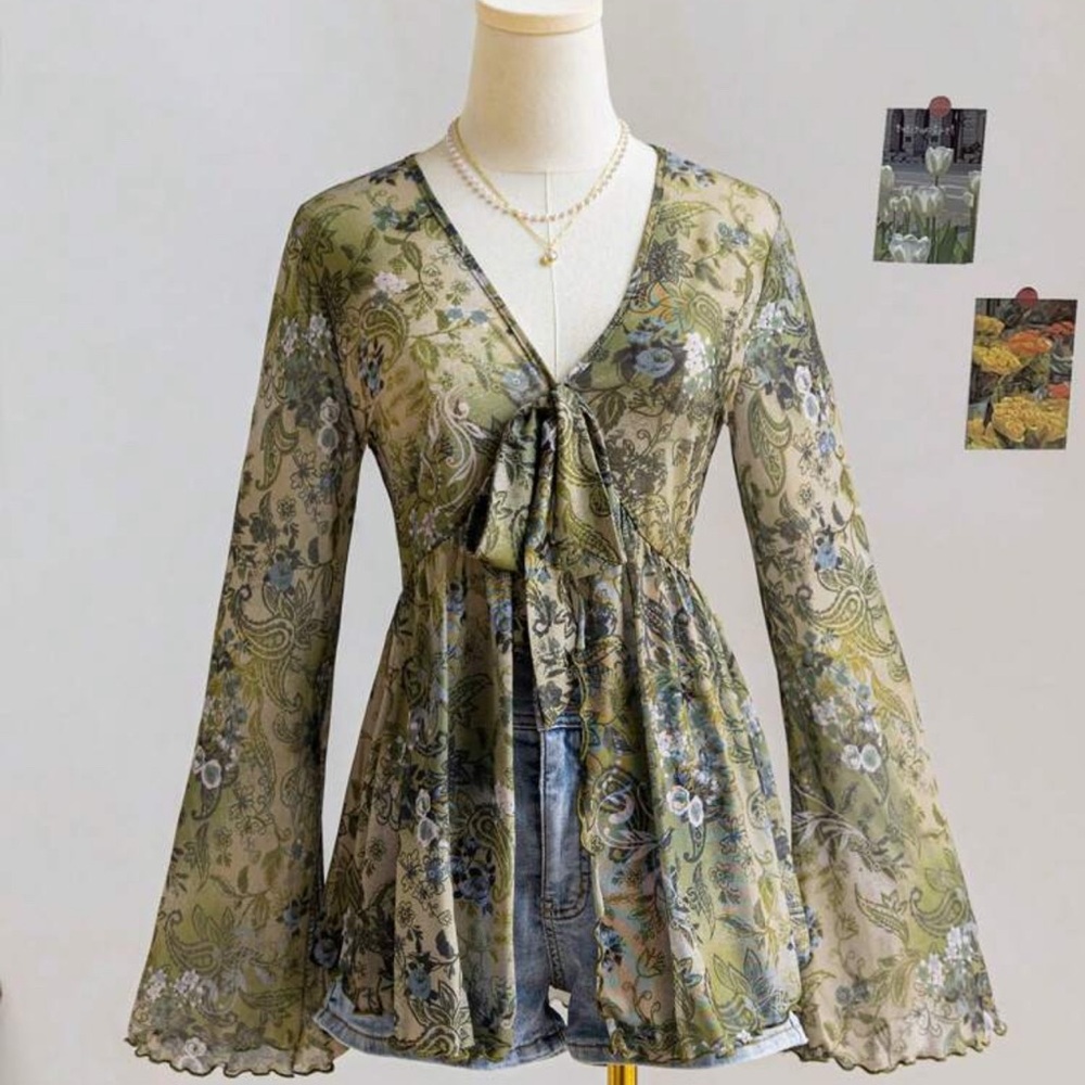 Floral Green Blouse with Bell Sleeves
